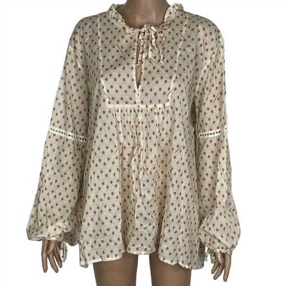 NEW LFDL women's ruffled long sleeve blouse in beige - Picture 1 of 5